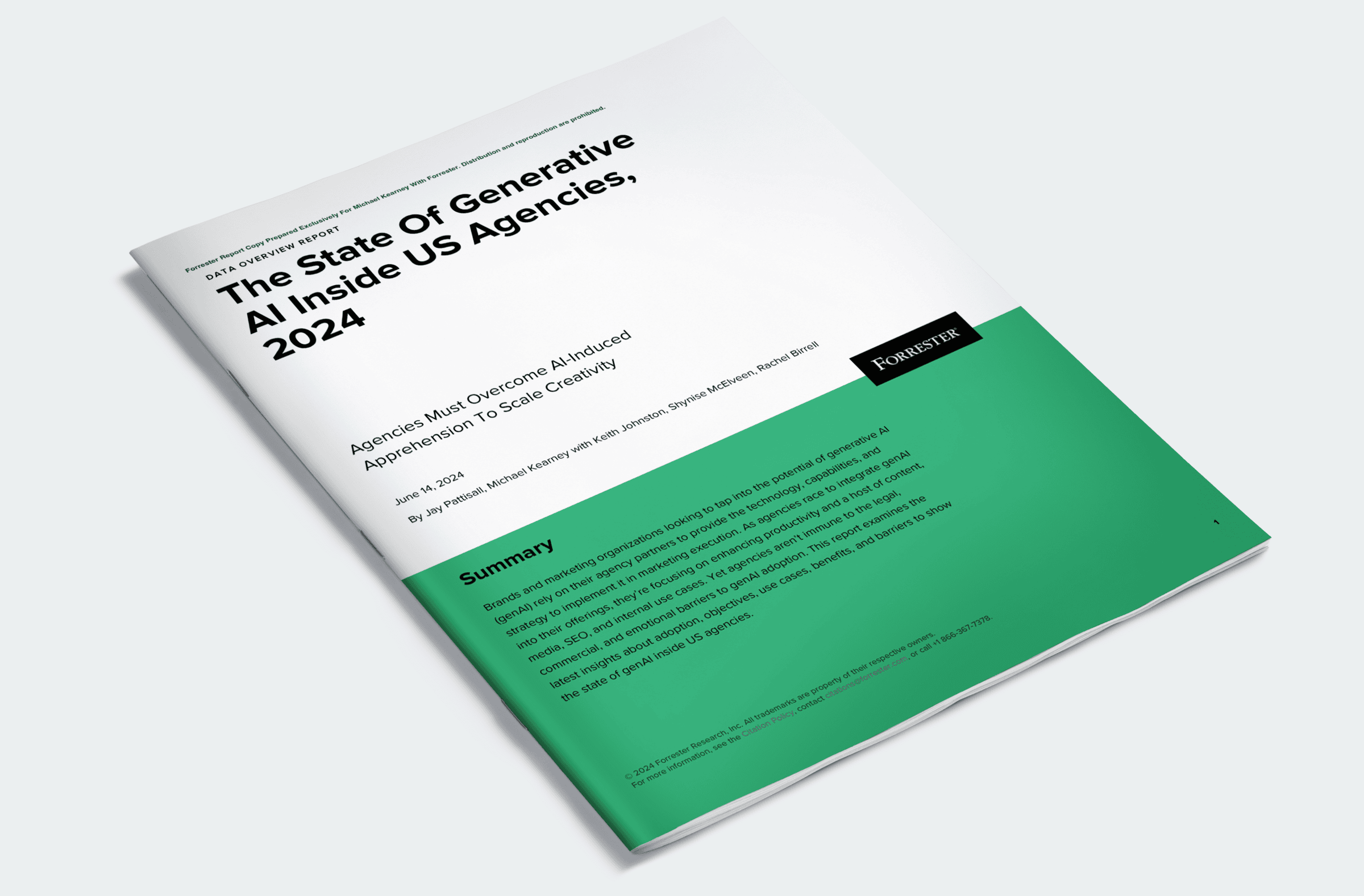Forrester Survey Cover_bkg Cover of a report titled "The State of Generative AI Inside US Agencies, 2024" by Forrester, featuring a white and green design. The tone is professional and informative.